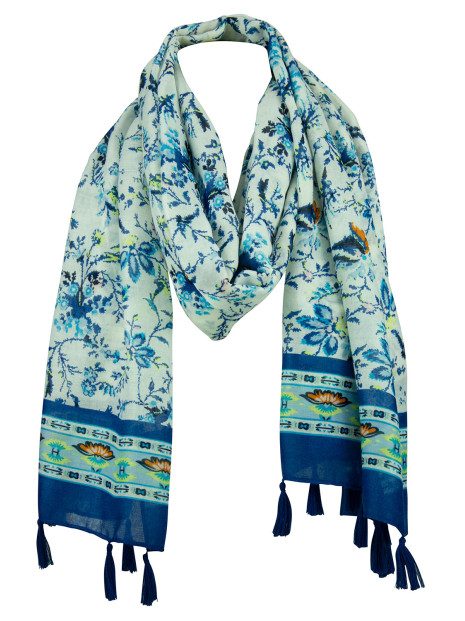 Tørklæde m/ blomst og kvast blå