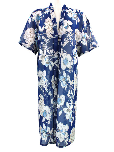 Kimono m/ blomst blå